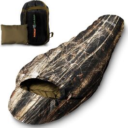 Спальний мішок SereneLife Mumienschlaф – легкий, теплий та водонепроникний для зими та холодних умов, ізоляція від -15 до 12 °C, гладкий блискавчик, компактний компресійний мішок, подушка для подорожей, для кемпінгу та відпочинку на природі (Real Tree)
