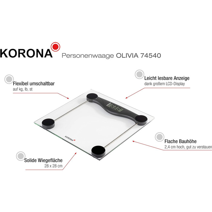 Ваги підлогові Korona OLIVIA 74540, електронні, скляні, 180 кг, LCD-дисплей, чорні, батарейки в комплекті