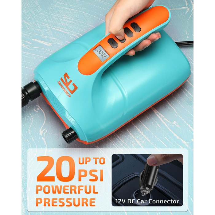 Електричний насос для SUP Swonder, 20PSI, для надувних дощок, каяків та човнів, з двоступеневою інфляцією, синій