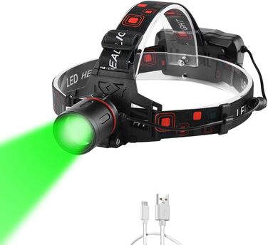 Ліхтар на лоб LED 1000 люмен, перезаряджається USB, зелений, для полювання, кемпінгу, риболовлі, 3 режими, регулювання фокусу