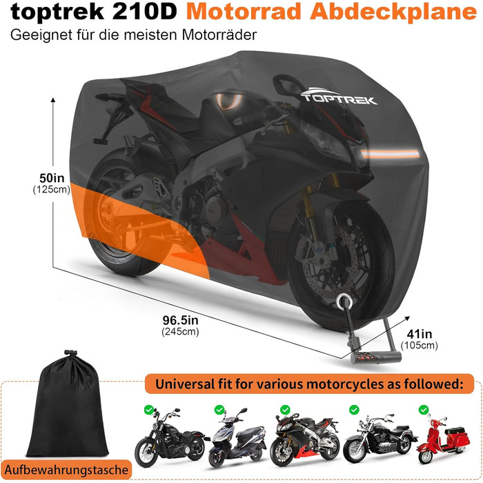 Водонепроникний чохол для мотоцикла toptrek Outdoor 210D, зимовий захисний тент з відбивачами та сумкою для зберігання (245x105x125см)