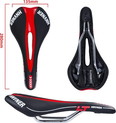 Комфортне сідло для велосипеда: ергономічне, з вирізом, 280x140x55 мм, чорно-червоне, для міських велосипедів, шосе, MTB