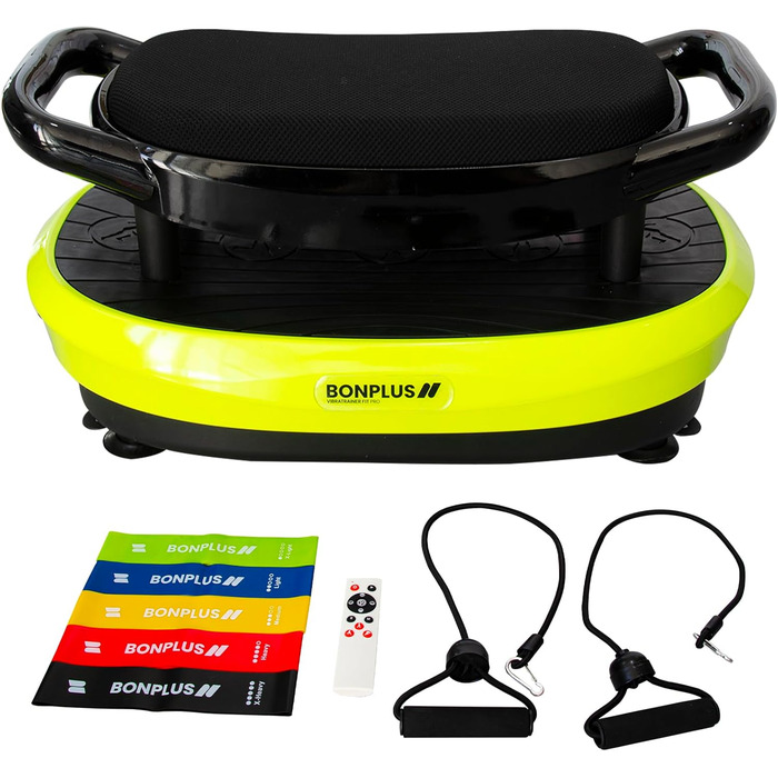 Віброплатформа Bonplus BP з сидінням для фітнесу: схуднення, тонізування м'язів, 3000 тренувань, базові вправи, еластичні стрічки