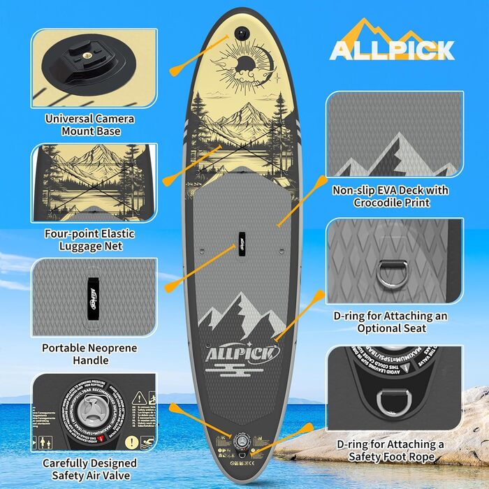 Надувний SUP Борд ALLPICK Premium Set: Комплектація для початківців та професіоналів, камера, аксесуари, регульоване весло, 200 кг, сіро-золотий