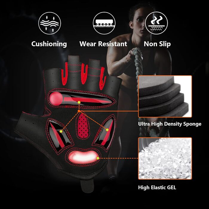 Фетровые перчатки MTB напівпальці літні для чоловіків та жінок, з гелевою амортизацією, дихаючі, зручні, неслизькі. Підходять для велосипедів, мотоциклів, фітнесу. Червоні