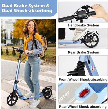 Дитячий складний самокат для дітей 8-15 років з великими колесами 200 мм, дисковими гальмами та регульованою висотою, синій