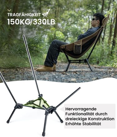 Стілець для кемпінгу OneTigris TIGERBLADE з високою спинкою, 170 кг, складний, легкий, з трикутним каркасом, для риболовлі з 2 кишенями, для відпочинку на природі, піших прогулянок, колір Койот