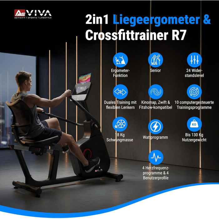 Велотренажер AsVIVA R7 Liegeergometer: Електричний, з сидінням та спинкою, 24 програми, 18 кг маховик, вимірювання пульсу