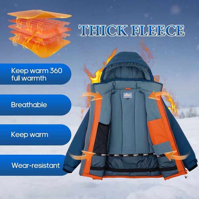 SNOWER Дитячий зимовий комбінезон для хлопчика з капюшоном, теплий гірськолижний костюм, кольоровий зелений (6-7 років, помаранчевий)