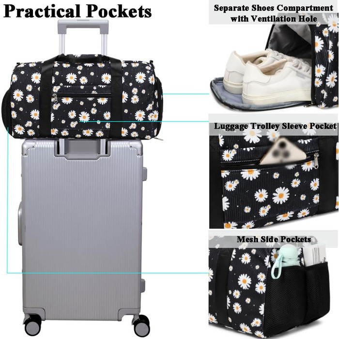 Спортивна сумка для дівчаток Kord з ромашками, 25L, чорна: для школи, танців, тренувань. З водонепроникним відділенням та відсіком для взуття.