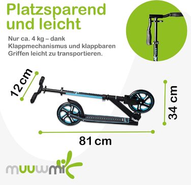 Скутер Muuwmi Pro з алюмінію – для дітей та дорослих, 215 мм, ABEC 7, регульована висота, блакитний, сертифікат GS