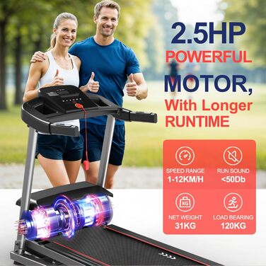 CharonFit T300: Складний біговий тренажер для дому з регулюванням нахилу до 12 км/год, 2.5 PS, вантажопідйомність 120 кг, сумісний з додатком, 2 роки гарантії, чорний