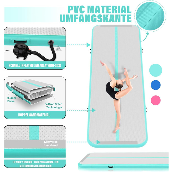 Надувний гімнастичний мат для дому, 300x100x10 см (м'ятно-зелений)