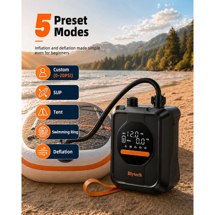 Насос електричний для SUP дошки 20 PSI з акумулятором 13500 mAh: портативний насос для SUP, каяка, човна, басейну та надувних виробів
