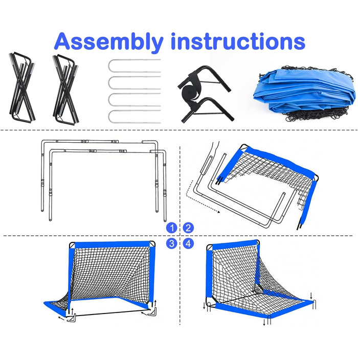 Дитячі ворота для футболу, 2-в-1 Pop-Up ворота, розкладні для саду, з сумкою та 4 кілочками (150x120 см, блакитні)
