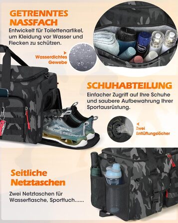 Спортивна сумка RAINSMORE 3-в-1 для чоловіків 45L: рюкзак, сумка для подорожей, фітнес-сумка з відділенням для взуття та ноутбука (сірий камуфляж)