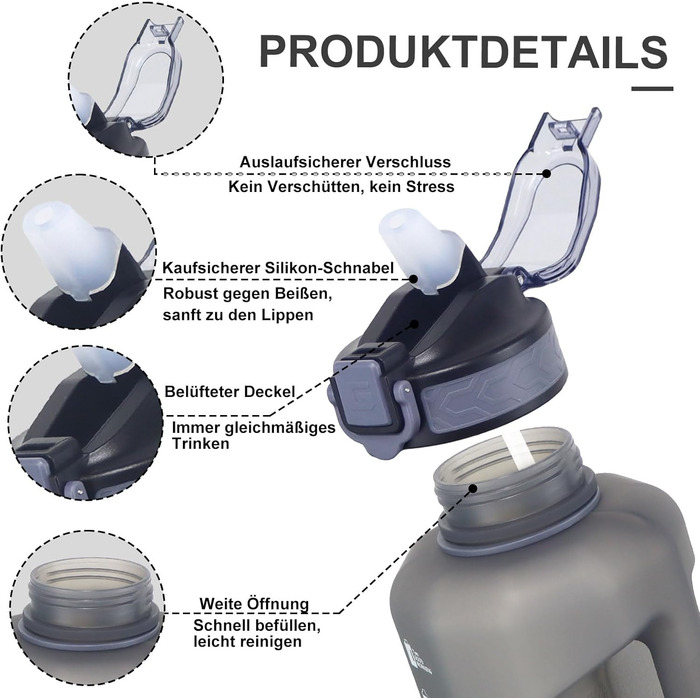 Фляга для води GEMFUL 2.2 л з трубочкою, велика спортивна пляшка з маркуванням часу, BPA-free, для фітнесу, велосипеду, активного відпочинку та роботи (Сіра)