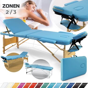 Мобільна масажна ліжка VENDOMNIA з дерев'яними ніжками, 3 зони, регулювання висоти, включаючи високоякісну підголівник, сумка, підлокітники, вибір кольору, складана, масажний стіл, масажне ліжко, ліжко для процедур, 3 зони, дерев'яний каркас, світло-блаки
