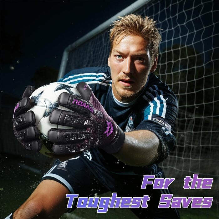 Воротарські рукавички WVVOU для чоловіків та підлітків, високопродуктивні дитячі рукавички з 5 знімними пальцями-захисниками, футбольні рукавички з 4 мм липкого латексу на долоні (фіолетовий, розмір 9)