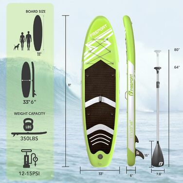 Надувне SUP Board FBSPORT для Stand-Up Paddling з регульованим алюмінієвим веслом та насосом, 15 см товщина, комплект FruitGreen