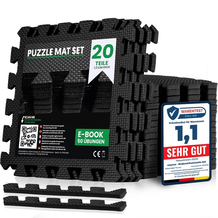 Набір модульних килимків для підлоги unycos (12/20/28 шт), захисна пазл-матрас 30x30x1.2 см для тренажерного залу, спортивного обладнання та йоги, водонепроникні, чорні