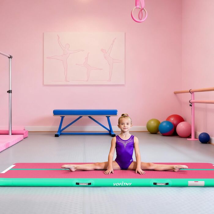 Гімнастичний надувний мат VOFiTNY товщиною 10/20 см для дому, парку, води. Розміри: 3/4/5/6 м. Рожевий/зелений колір.