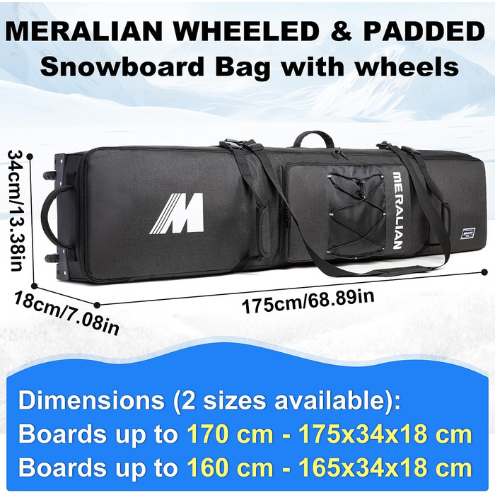 Чохол для сноуборду на колесах, 170 см, чорний. Захисний кейс для сноуборду та черевиків.