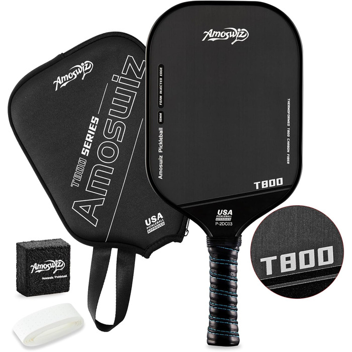 Ракетка для піклболу Amoswiz з карбону, 16 мм, T800 термоформована, для обертання, потужності та контролю, з чохлом та ластиком, подарунок для професіоналів та початківців (чорний)