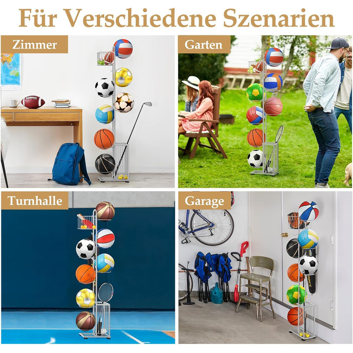 Металева стійка для м'ячів Smusei, 7-ярусна, з 2 кошиками та гачками. Організатор для баскетболу, футболу, волейболу та інших м'ячів. Сріблястий колір