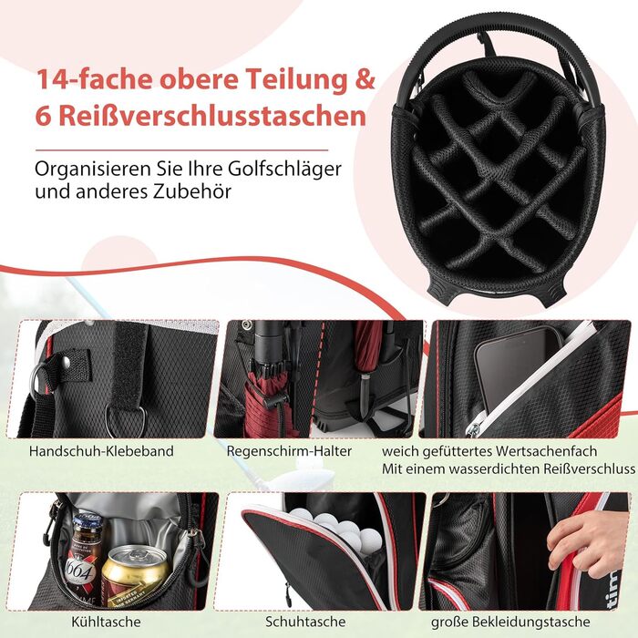 Сумка для гольфу GYMAX на штативі, 14 відділень, з водонепроникною накидкой, для чоловіків та жінок (червона)