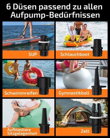 Надувний SUP насос Swonder Seawolf: акумуляторний, 20PSI, 6000mAh, з автоадаптером, чорний/мандарин