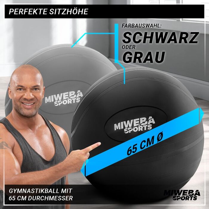 Гімнастичний м’яч Miweba Sports GB-100, 65 см, до 400 кг, чорний, PVC, ергономічний фітнесбол для тренувань, офісу та сидіння