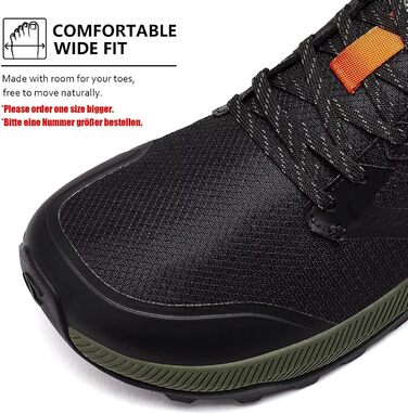 Чоловічі трейлові кросівки HOBIBEAR для трейлраннінгу, трекінгу та хайкінгу. Широка передня частина, не слизька підошва, чорний колір, 44 EU