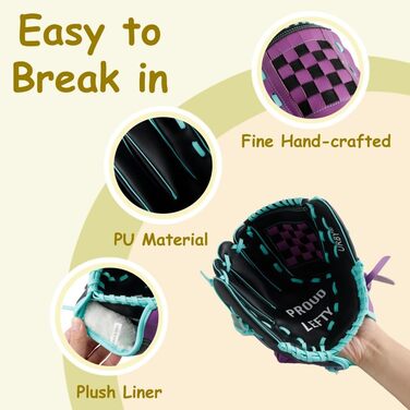 Рукавичка для бейсболу Urby для лівшів, дитяча (7-11 років), чорно-фіолетова, 11.5 дюймів