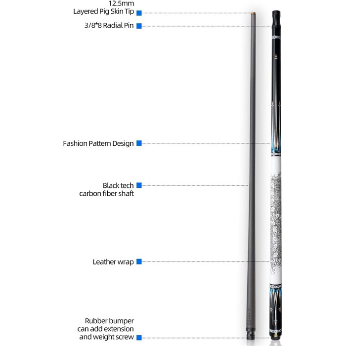 Білярдний кий Konllen CUE-X карбоновий з шкіряною обмоткою, 147 см, 12.5 мм - професійний кий для пулу