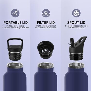 Термос-пляшка 1000 мл, не містить BPA, з нержавіючої сталі, з подвійними стінками, ізольована, для води, з трубочкою, для газованих напоїв, темно-синій