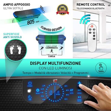 Вібраційна платформа YM 4D з регулюванням інтенсивності, сенсорним дисплеєм, еластичними фітнес-стрічками, двома моторами 500Вт+300Вт, програмами та авторежимом, дистанційне керування