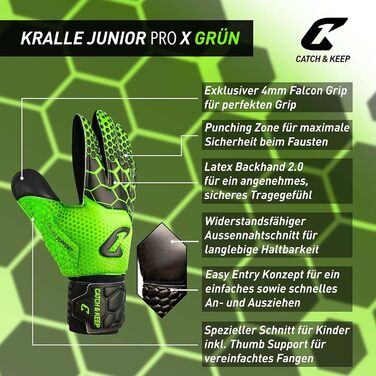 Воротарські рукавиці дитячі CATCH & KEEP Kralle Junior Pro 3.0 Dragon Grip (Розмір 3-7) - Зелені, з підтримкою великого пальця