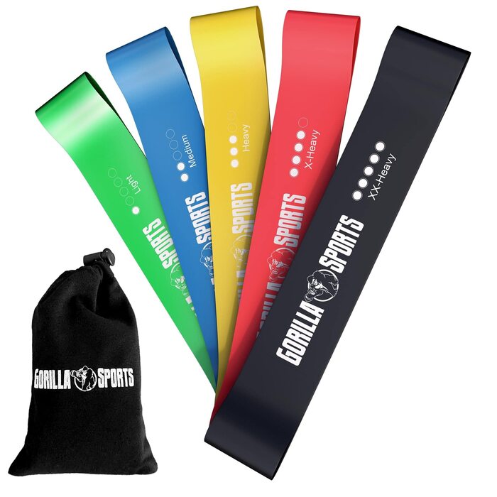 Гумові еспандери Gorilla Sports® 5 шт. з сумкою для тренувань: рівні опору, нековзкий латекс для фітнесу, йоги, пілатесу, реабілітації