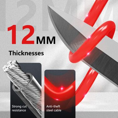 Замок для велосипеда 120см/12мм, високий рівень безпеки, кабельне spiralkabelschloss, 2 ключі, захист від крадіжки для велосипеда, триколісного велосипеда, мотоцикла, скутера (червоний)