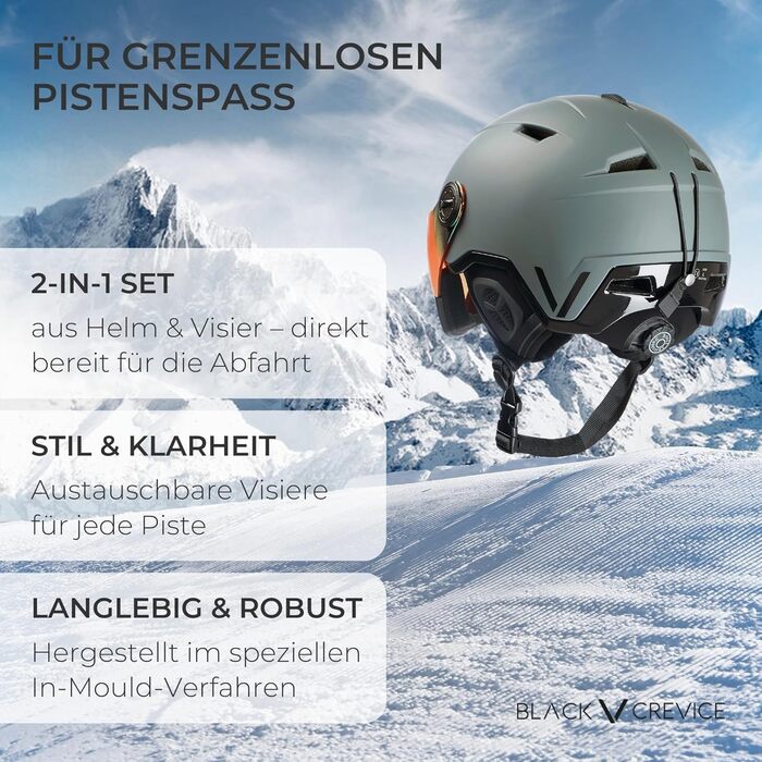 Шолом гірськолижний BLACK CREVICE Vail I з візором, чоловічий та жіночий, полікарбонат, регульований, матовий білий Carbon/чорний (M (55-58 см), матовий gun/блискучий чорний)