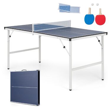 COSTWAY Міні стіл для пінг-понгу складний, стіл для тенісу вологостійкий, з сіткою, 2 ракетки та м'ячі, готовий до використання, для відпочинку в приміщенні та на вулиці, 152,5 x 76 x 71 см