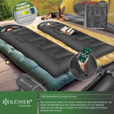 Спальний мішок KESSER® Outdoor для кемпінгу | 3-4 сезони | Підходить для дорослих та дітей | Легкий, теплий, водовідштовхуючий | З лампою та кишенею (Антрацит, 220 x 83 см)