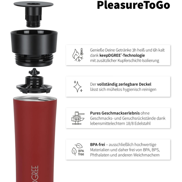 Термокухоль 720°DGREE PleasureToGo 2.0 210 мл, нержавіюча сталь, ізольований, для кави, червоний, герметичний, BPA-free, з 360° отвором для пиття, зберігає тепло до 3 годин, холод до 6 годин