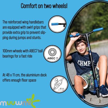 Трюковий самокат muuwmi Freestyle, 100 мм, ABEC 7, підсилене кермо, 360° обертання, 82,5 см, чорний-синій