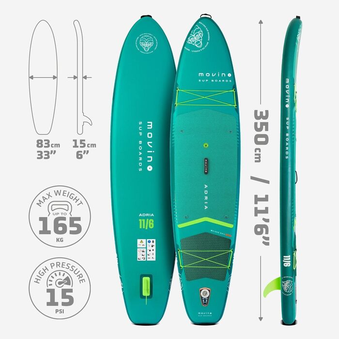 Надувний SUP-борд Movino Stand Up Paddle Board 350 см (2in1 SUP Kajak) - комплект з аксесуарами, до 165 кг, 11'6', зварний рейлінг, 15 PSI (зелений)