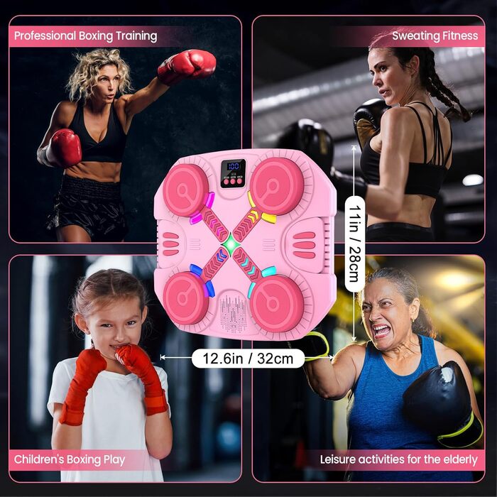 Дитяча боксерська машина з підсвіткою та музикою, Bluetooth, 5 швидкостей, 2 режими тренування, підрахунок ударів, кріплення на стіну (Рожева)