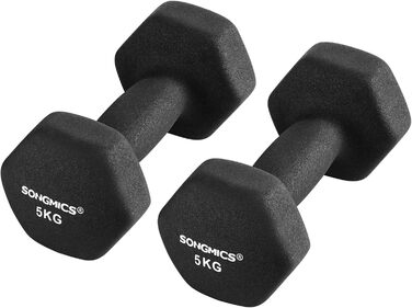 Гантелі SONGMICS набір 2 x 5 кг, з підставкою, 2 x 1 кг, 2 x 2 кг, 2 x 3 кг, для силових тренувань вдома, в офісі чи спортзалі, чорні, лаймові, бірюзові, світло-сірі