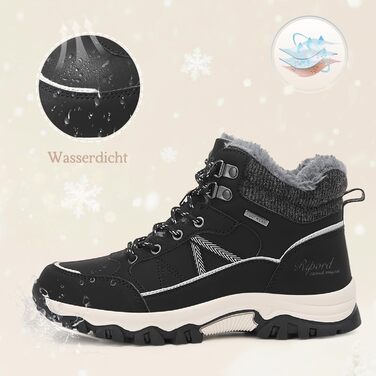 Зимові черевики для жінок: теплі трекінгові черевики, черевики для снігу, розмір 36-41 (чорний з білими лініями, 39 EU)