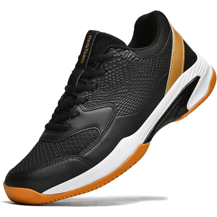 Чоловічі тенісні кросівки HaloTeam: мода, зчеплення, легкість, дихання. Ідеальні для бадмінтону, сквошу, волейболу. Розміри 38-45. Колір: чорний, золотий. Модель 5803